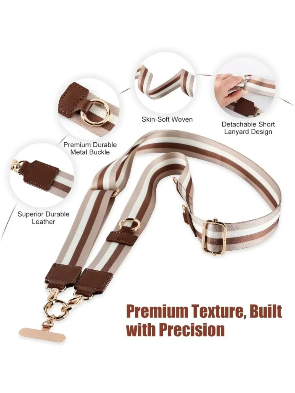 Adjustable Phone Lanyard with Leather Wallet, RFID Wristlet & 2 Straps - Coffee